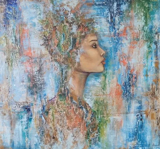 Slika iz ciklusa Motiv žene, miks media, 100×100 cm, 2022 — umetnica NeRa