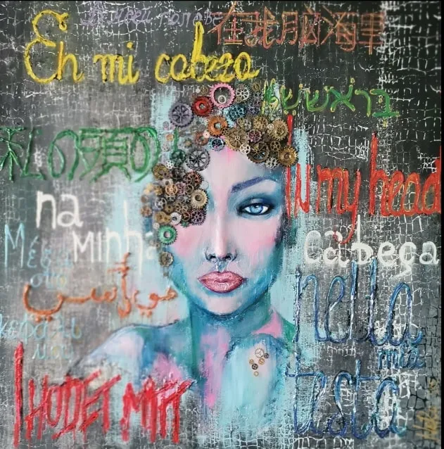 Slika iz ciklusa Motiv žene, miks media, 100×100 cm, 2025 — umetnica NeRa